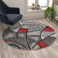 Flash Furniture ACD-RGTRZ860-55-RD-GG Jubilee Collection 5' x 5' Round Red Abstract Area Rug - Olefin Rug with Jute Backing - Living Room, Bedroom, Family Room